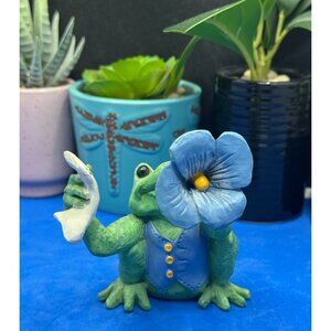 Frog Figurine Holding Blue Flower & Scroll - Whimsical Home Decor Accent